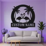 Panneau en métal Flamant Rose personnalisé | Art mural LED tropical | Décor de nom de maison de plage personnalisé | Cadeau décor de coucher de soleil