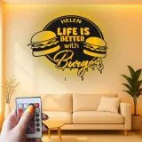 Insegna in metallo personalizzata con luce LED per amanti degli hamburger, regalo divertente per la cucina, decorazione per sala da pranzo