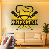 Décoration murale en métal personnalisée Chapeau de Chef et Couteaux avec rétroéclairage LED