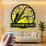 Panneau LED Personnalisé Saxophone | Décoration Murale en Métal pour Studio de Musique | Cadeau Joueur de Jazz | Décor Salle de Groupe