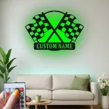 Panneau LED personnalisé drapeaux de course croisés | Décoration murale en métal à damier | Cadeau déco garage personnalisé