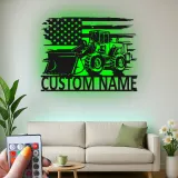 Custom Bulldozer American Flag Led Light Metal Wall Art Construction Gift for Him Garage or Workshop Decor