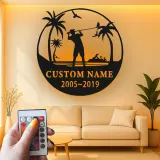 Décoration murale en métal personnalisée pour golfeur avec LED | Déco sur mesure pour club de golf | Panneau gravé avec prénom | Cadeau pour passionné de golf