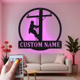 Lineman LED Metal Wall Art | Personalized Electrician Name Sign | Custom Utility Worker Gift