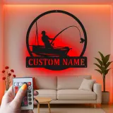 Insegna da pesca personalizzata con LED | Insegna in metallo personalizzata con pescatore | Decorazione per casa al lago e regalo per pescatori