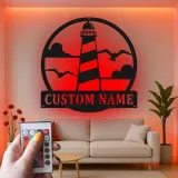 Décoration murale en métal personnalisée avec phare et rétroéclairage LED - Cadeau côtier, décoration nautique pour maison de plage