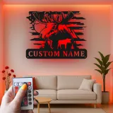 Cartel de metal personalizado de alce con LED | Decoración mural de vida salvaje personalizada para cabañas y lodges | Regalo rústico para cazadores con bandera americana