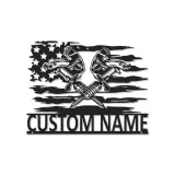 Custom LED Mechanic Sign | Metal American Flag Garage Art | Crossed Pistons Decor | Personalized Auto Shop Gift