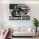 Custom Motorcycle Metal Sign | LED American Flag Wall Art | Personalized Biker Name Plate | Garage Decor for Men