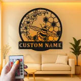 Décoration murale en métal personnalisée Abeille et Rayons de miel avec rétroéclairage pour les amoureux du jardin