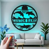 Décoration murale en métal personnalisée scène océanique avec dauphins et rétroéclairage LED cadeau pour maison de plage