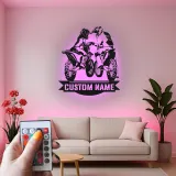 Décoration murale en métal personnalisée pour couple de motocross avec rétroéclairage LED - Cadeau personnalisé pour motards, garage ou décoration de man cave
