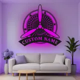 Décoration murale en métal personnalisée avec lumière LED d'hélice d'avion - Cadeau d'aviation pour pilote, décoration de hangar pour passionnés d'aviation