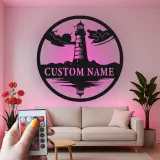 Insegna LED in metallo personalizzata con faro | Arte murale costiera personalizzata | Regalo per casa al mare | Silhouette marina