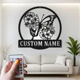 Custom Butterfly and Flowers Led Light Metal Wall Art Personalized Gift for Nature Lovers Bedroom or Garden Decor