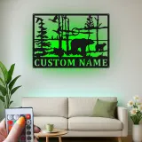 Custom Bear Forest Scene Led Light Metal Wall Art Personalized Wildlife Gift Cabin Decor for Nature Lovers