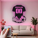 Insegna LED a forma di maglia di calcio personalizzata | Arte murale in metallo per camera di giocatore | Regalo per tifosi di calcio con nome e numero