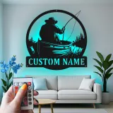 Insegna in metallo personalizzata per pescatore | Arte murale luminosa LED | Arredo pesca con nome su misura per casa al lago e pescatori