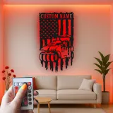 Road Roller Metal Wall Art | Personalized Construction LED Sign | American Flag Heavy Equipment Decor for Office or Garage