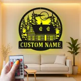 Custom Cabin in the Woods Led Light Metal Wall Art Personalized Housewarming Gift Rustic Home Decor