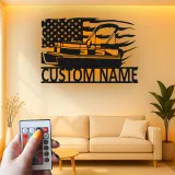 Plaque en métal personnalisée pour bateau ponton | Décoration murale avec drapeau américain LED | Décor de maison au bord du lac personnalisé | Cadeau nautique