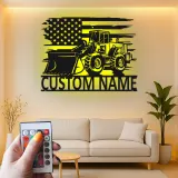 Custom Bulldozer American Flag Led Light Metal Wall Art Construction Gift for Him Garage or Workshop Decor