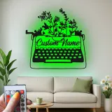 Décoration murale en métal personnalisée avec LED en forme de machine à écrire et fleurs - Cadeau pour écrivain