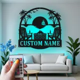 Décoration murale en métal personnalisée coucher de soleil sur la plage avec rétroéclairage LED cadeau pour couples décoration de patio ou salon