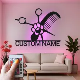 Personalized Pet Groomer Sign | Custom Metal LED Wall Art | Grooming Salon Decor with Name | Scissors & Comb Logo