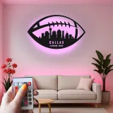 Plaque LED skyline football personnalisée | Décoration murale en métal de ville personnalisée | Décor salle de jeux et cadeau pour fan de sport | Lumière pour espace masculin