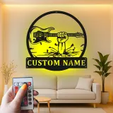 Enseigne LED guitare en métal personnalisée | Décoration murale prénom musicien | Décor studio rock et bar à domicile