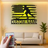 Personalized Hockey Player Metal Sign | Custom Name LED Wall Art with USA Flag | Game Room Decor for Sports Fan