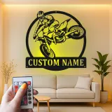 Insegna in Metallo Motocross | Arte da Parete LED Personalizzata per Moto da Cross | Nome Personalizzato per Garage o Camera da Letto di Adolescenti