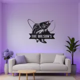 Insegna da pesca personalizzata con LED | Arte murale in metallo con pesce su misura | Arredo per casa al lago e baita | Regalo per pescatore con cognome di famiglia