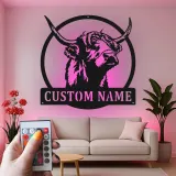 Highland Cow LED Metal Sign | Custom Name Wall Art | Rustic Farmhouse Decor for Rancher & Home Bar