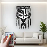 Insegna in metallo personalizzata con teschio di cervo e bandiera americana luce LED regalo per lui decorazione rustica per man cave