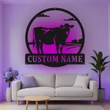 Décoration murale en métal LED personnalisée de vache - Cadeau de ferme rustique - Décor de grange pour amoureux des animaux