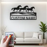 Running Horses Metal Wall Art | Custom LED Name Sign | Personalized Farmhouse & Ranch Decor for Horse Lovers