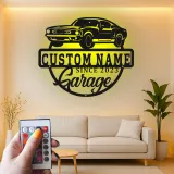 Décoration murale en métal LED personnalisée pour voiture de muscle - Cadeau de garage pour passionnés de voitures
