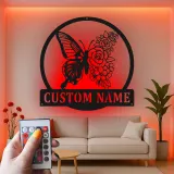 Décoration murale en métal personnalisée Papillon et Fleurs avec Rétroéclairage LED Cadeau pour Amateurs de Jardin Décor de Chambre ou de Patio