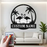Arte mural de metal LED de flamenco | Cartel tropical personalizado | Decoración de casa de playa | Placa de nombre personalizada para hogares costeros
