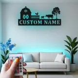 Cartel de Granja Personalizado | Decoración de Metal de Granja con LED | Arte de Pared con Nombre Familiar Rústico para la Sala de Estar