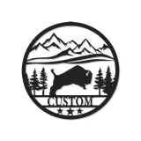 Cartel de metal LED personalizado de escena de montaña con búfalo, regalo para amantes de la naturaleza, decoración de cabaña rústica