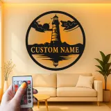 Insegna LED in metallo personalizzata con faro | Arte murale costiera personalizzata | Regalo per casa al mare | Silhouette marina