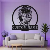 Individuelles Geisha-Metallschild | Personalisierte japanische LED-Wandkunst | Asiatisch inspirierte Dekoration für Salon oder Zuhause | Japandi-Stil Geschenk