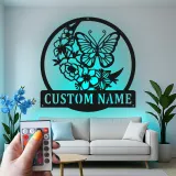 Décoration murale en métal personnalisée Papillon et Fleurs avec Rétroéclairage LED Cadeau pour Amateurs de Nature Décor de Chambre ou de Jardin