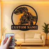 Panneau métallique personnalisé d’excavatrice | Décoration murale LED rétroéclairée | Cadeau pour ouvrier du bâtiment | Déco d’engin de chantier pour chambre de garçon
