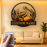 Custom Pelican Metal Wall Art | RGB LED Light Coastal Sign | Personalized Beach House Decor | Unique Gift for Bird Lovers