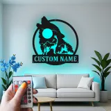 Custom Wolf Howling Led Light Metal Wall Art Personalized Gift for Nature Lovers Rustic Cabin Decor
