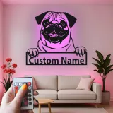 Personalisierte Pug LED-Schild | Individuelles Metall-Haustierporträt | Hundeliebhaber Namensdekoration | Moderne Wandkunst für den Eingangsbereich